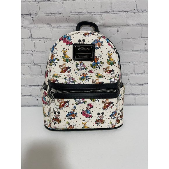 Loungefly Handbags - Loungefly Disney Mickey And Friends Tattoo Mini Backpack White Black Bag NEW